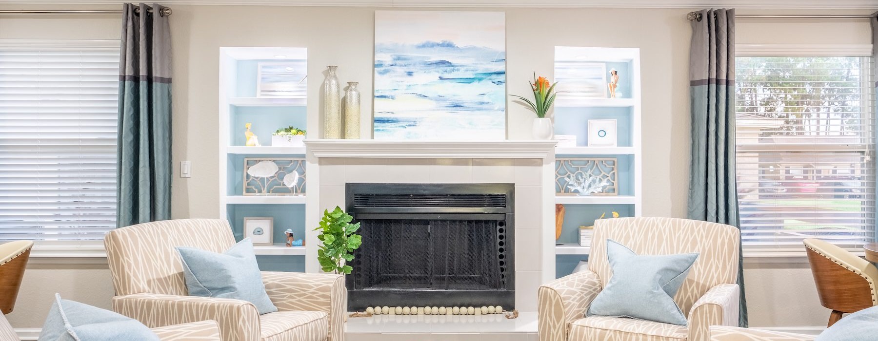 a living room with a fireplace