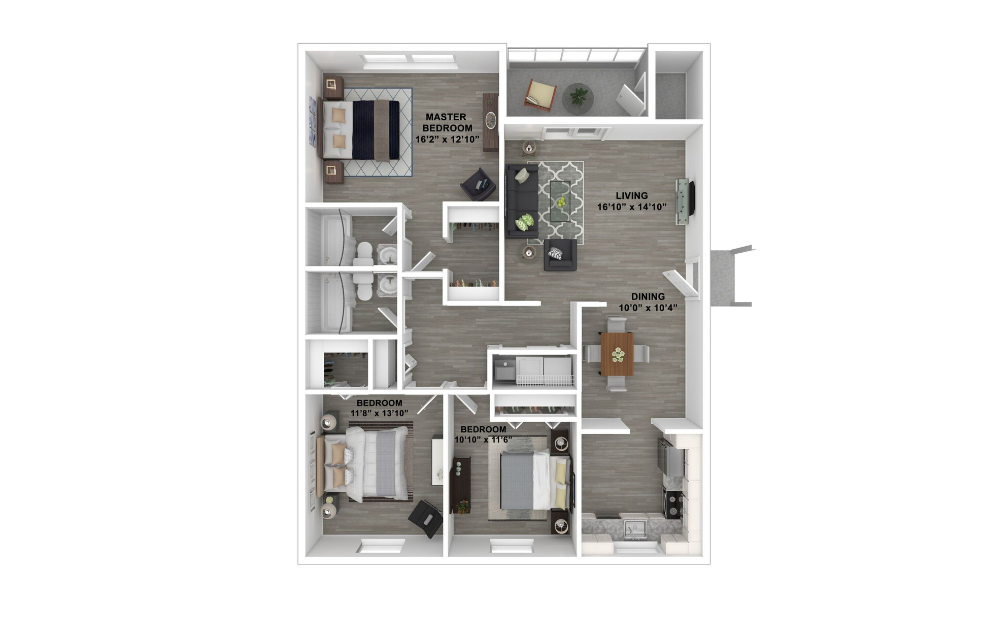 Paradise - 3 bedroom floorplan layout with 2 bathrooms and 1386 square feet (Furnished , 3D)