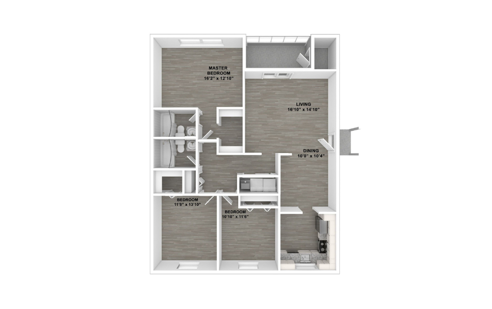 Paradise - 3 bedroom floorplan layout with 2 bathrooms and 1386 square feet (Unfurnished , 3D)